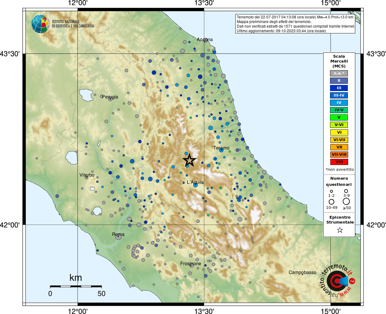 Earthquake 4 km W Campotosto (AQ), Magnitude Mw 4.0, 22 July 2017 time 02:13:08 ...1251 x 1024